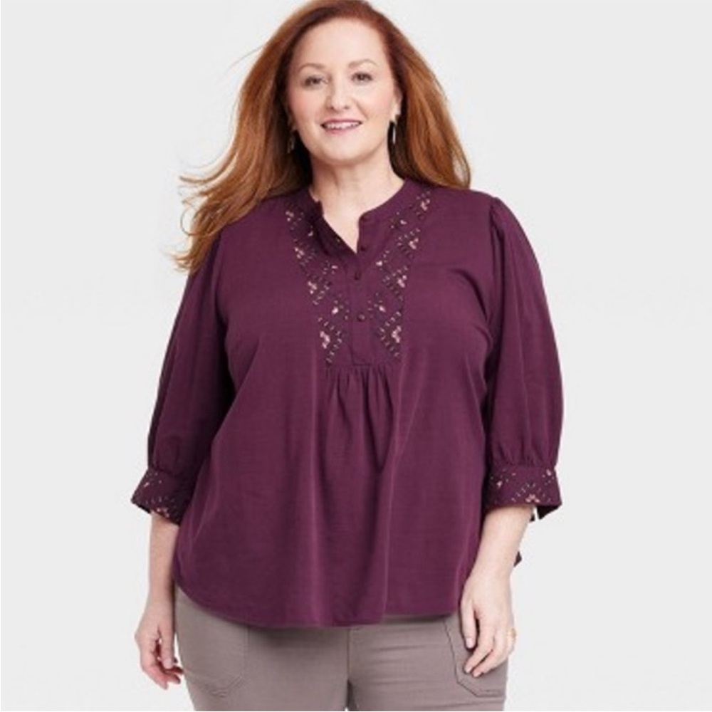 Knox Rose Bishop 3/4 Sleeve Maroon Embroidered Blouse